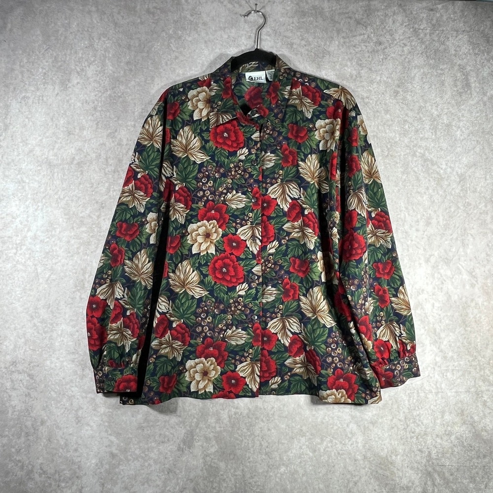 Vintage EHL Blouse Womens Size 20W Green Red Floral Button Up Art To Wear Retro‎